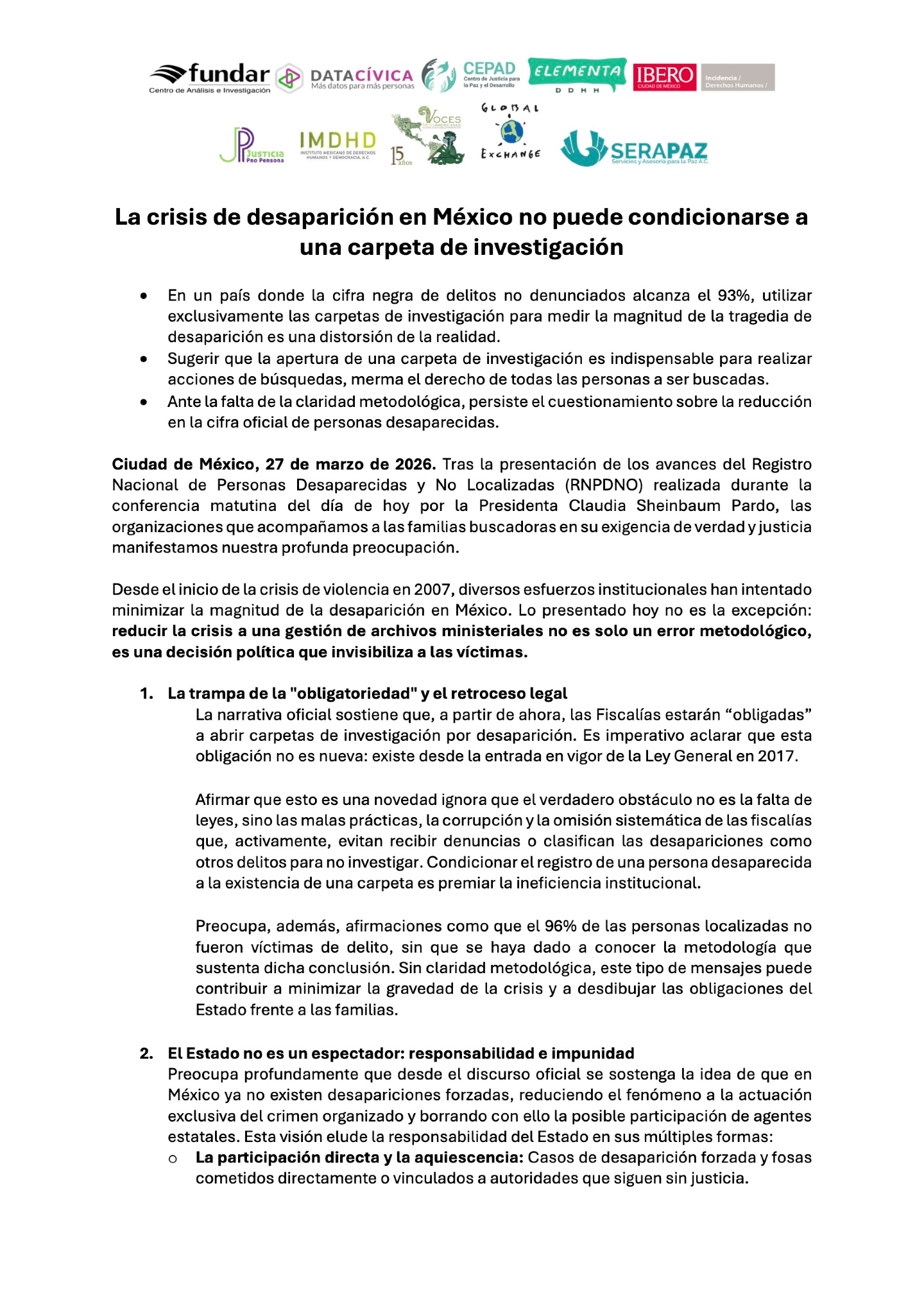La crisis de desaparición en México no puede condicionarse a una carpeta de investigación